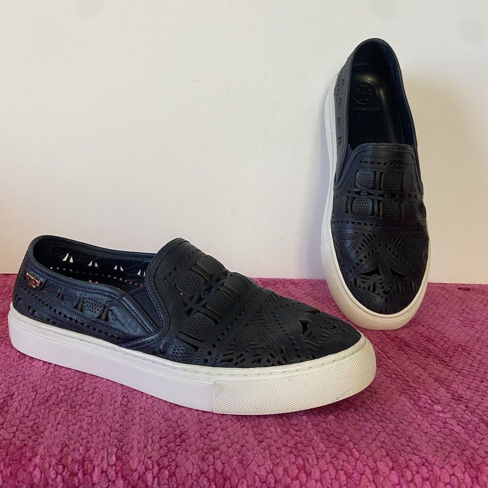 Tory Burch Lennon Slip On Leather Sneakers Laser Perforated Navy Blue Size 8.5M